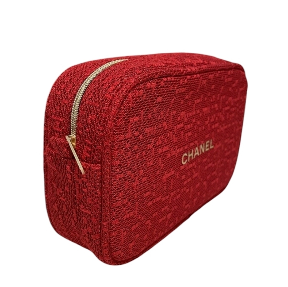 CHANEL Red Tweed Textured Pouch with Gold Accents